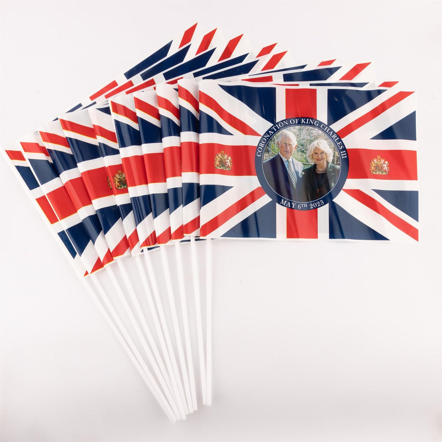 Charles & Camilla Image Handflags Pack of 50 - PVC, Flag Size 20x30cm, 40cm Stick