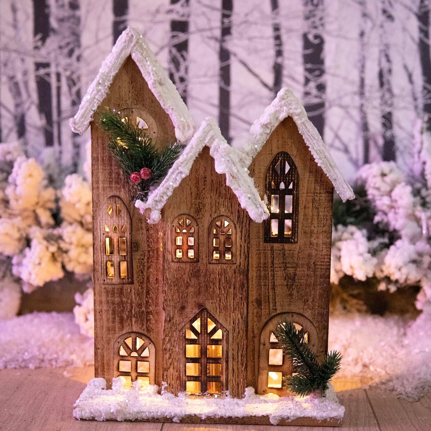 LED Brown Snow Covered Wooden House, 24x7x35cm