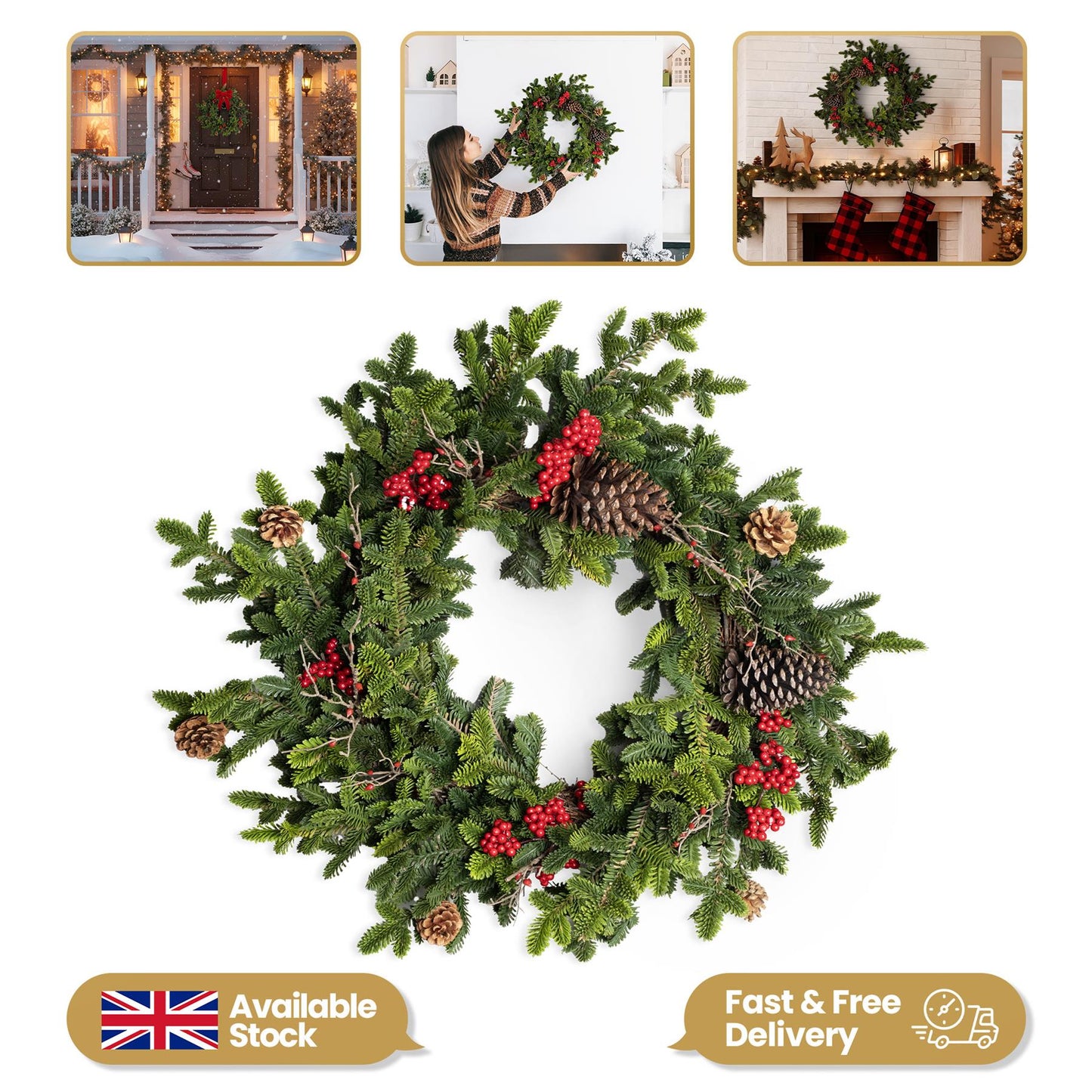 60CM FIR WITH BERRIES AND PINE CONES WREATH