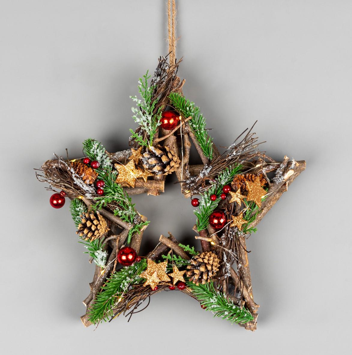 35cm LED Twig Hanging Star Red/Brown