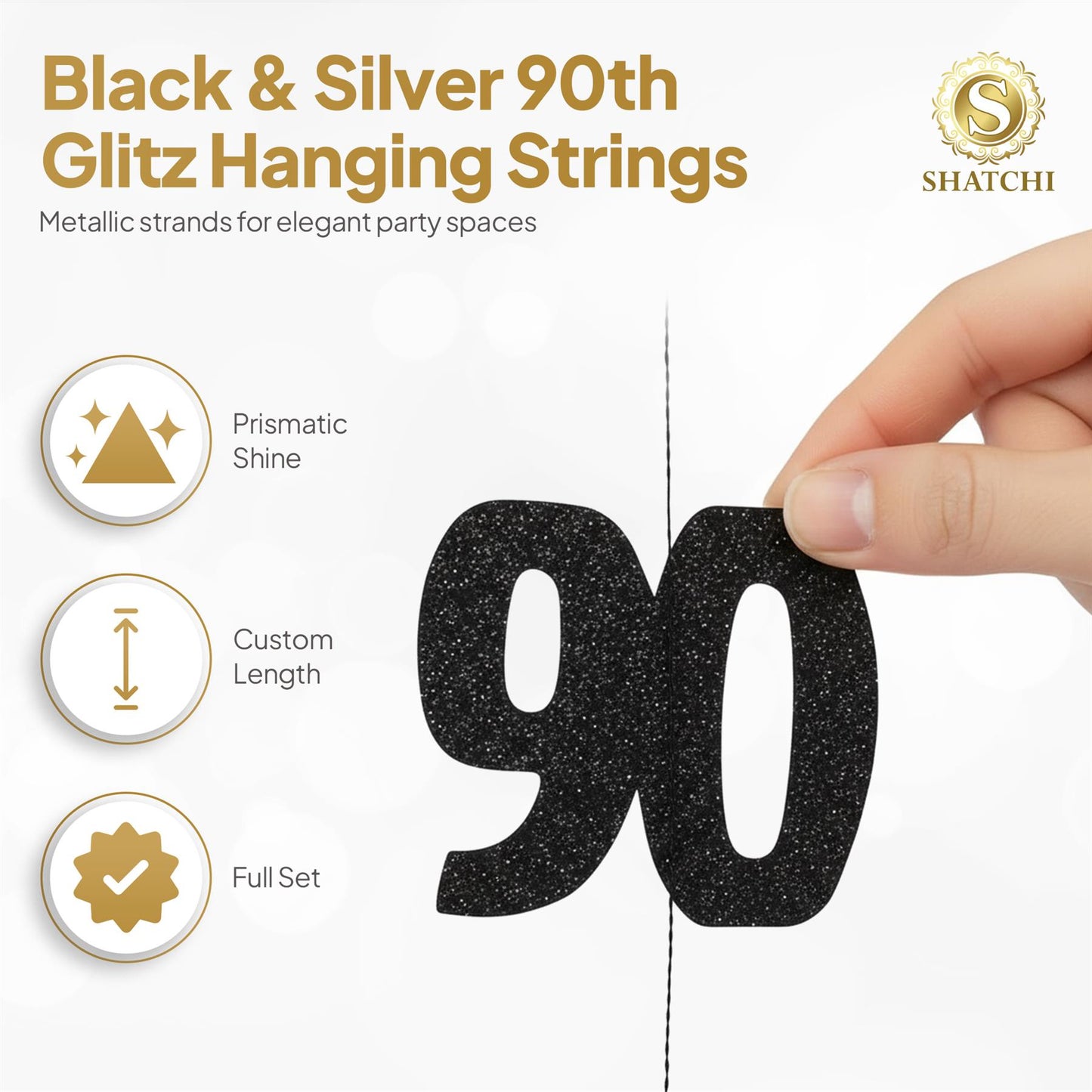 Shatchi 90th Glitz Black & Silver Hanging String Decorations Pack of 6