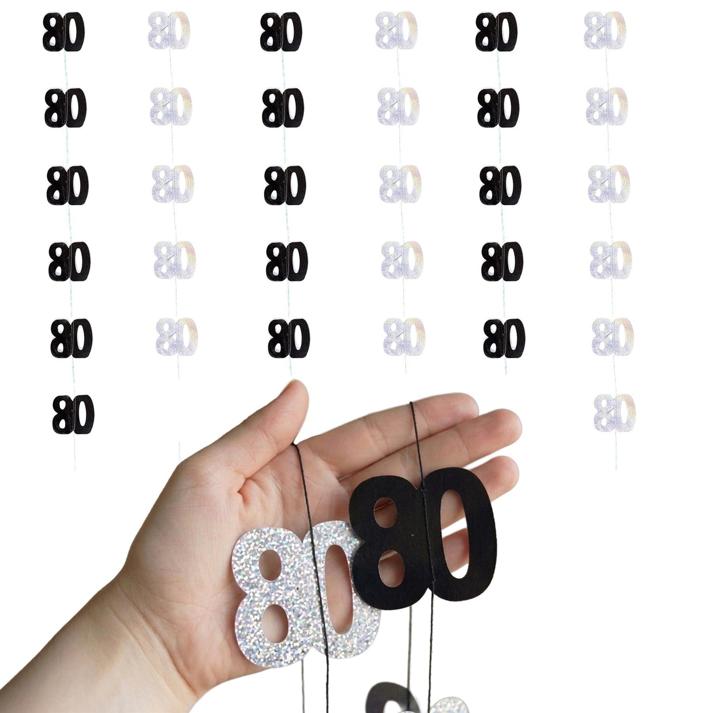 Shatchi 80th Glitz Black & Silver Hanging String Decorations Pack of 6