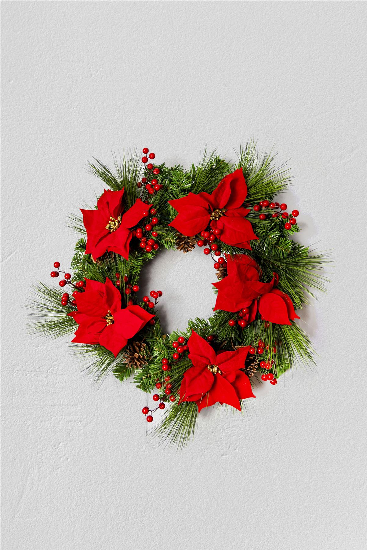 60cm Battery Operated Pre-Lit Red Poinsettia Wreath with 50 Warm White LEDs