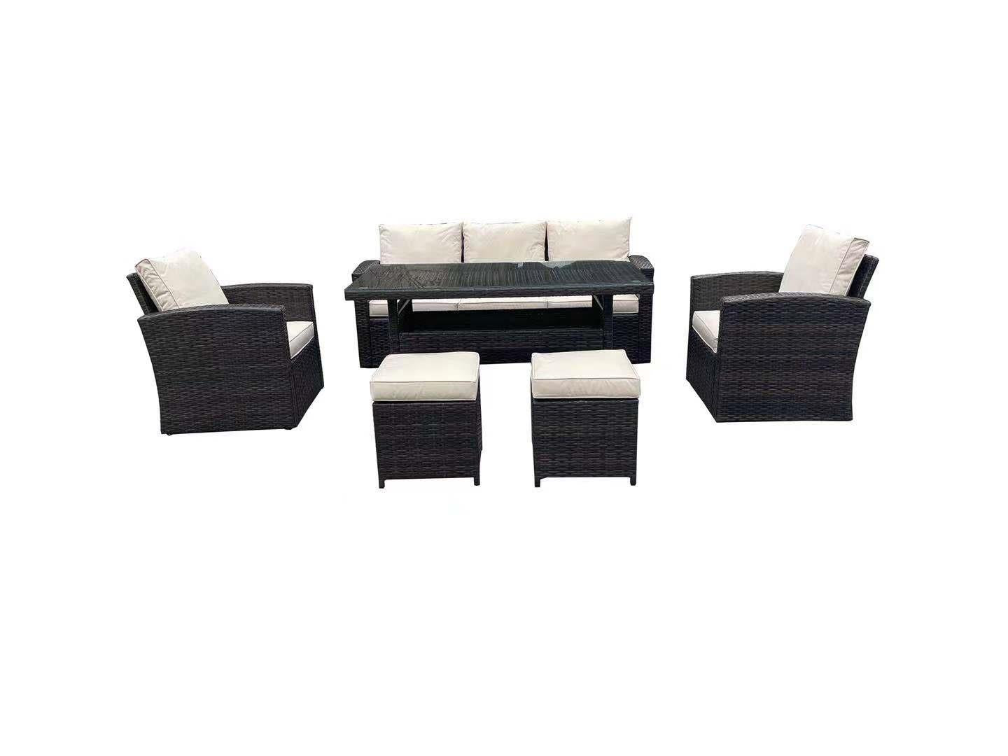 Dark Brown Rattan Sofa Set (1 Sofa, 1 Table, 2 Chairs, 2 Stools)