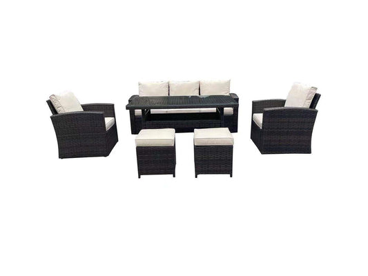 Dark Brown Rattan Sofa Set (1 Sofa, 1 Table, 2 Chairs, 2 Stools)