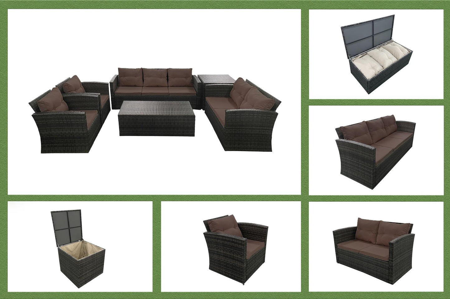 Brown Rattan 3 Seater Sofa, 2 Seater Sofa, 2 Chair, 1 Storage Box, 1 Table