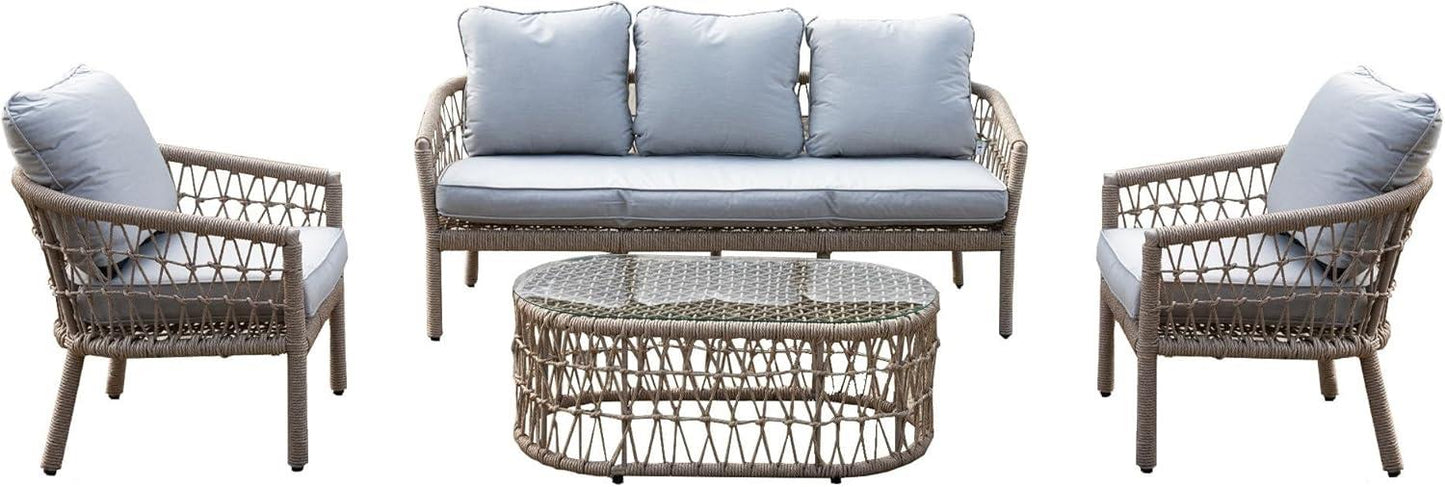 4Pcs Capri 5 Seater Sofa Set Natural Woven Rattan - Sofa, Table, Chairs