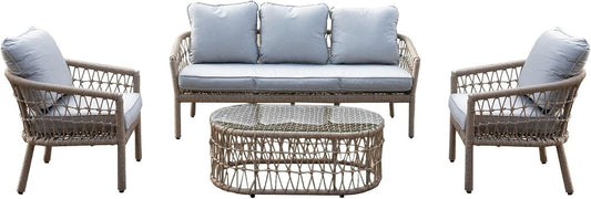 4Pcs Capri 5 Seater Sofa Set Natural Woven Rattan - Sofa, Table, Chairs
