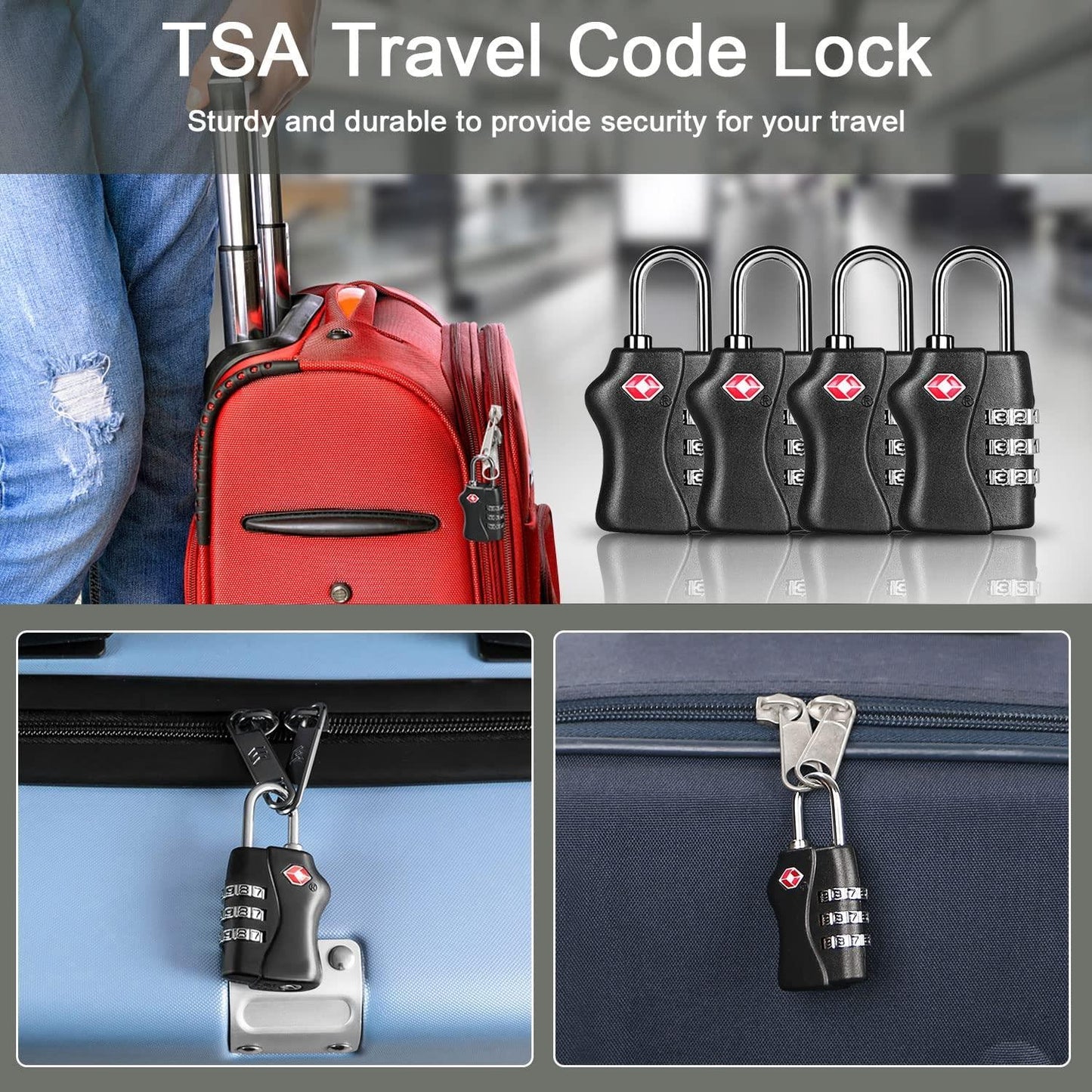 TSA Approved Black 3 Combination Travel Suitcase Luggage Padlock