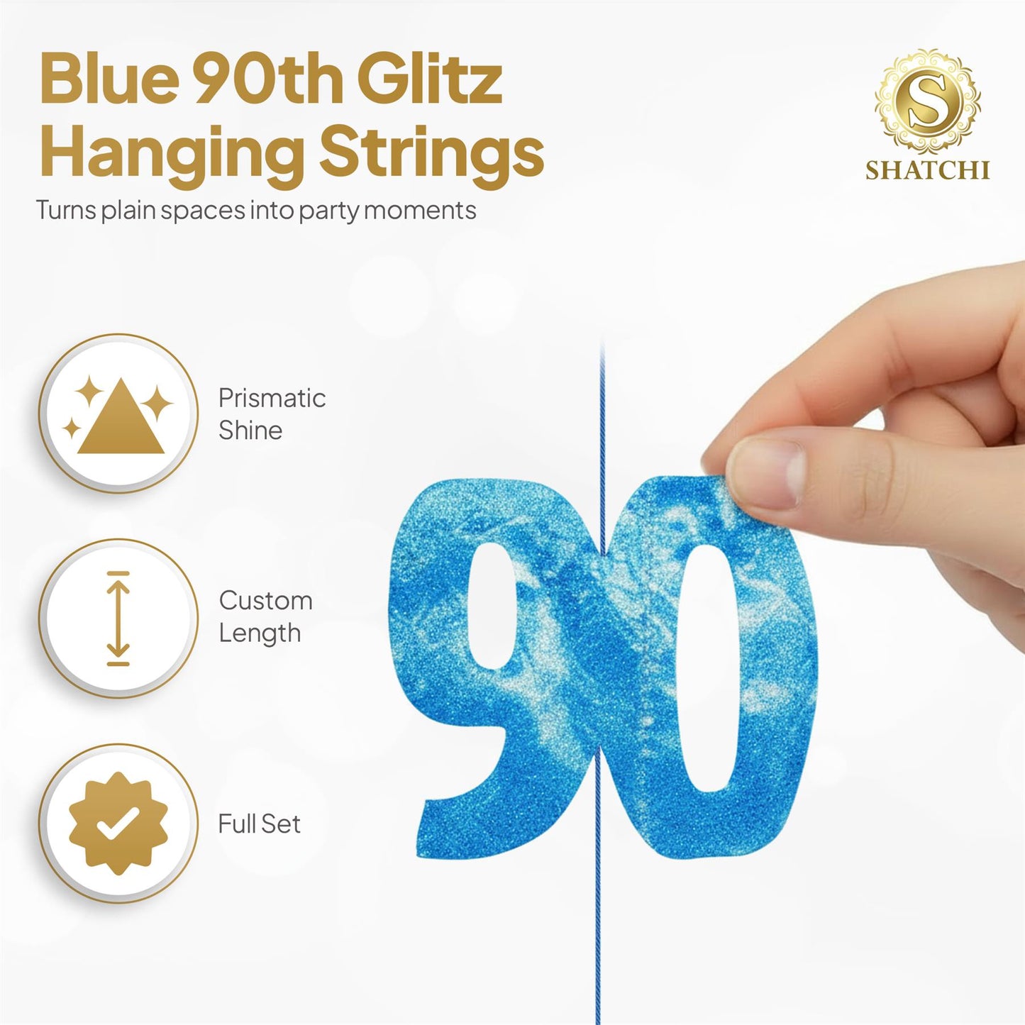 Shatchi 90th Glitz Blue Foil Hanging String Party Decorations Pack of 6