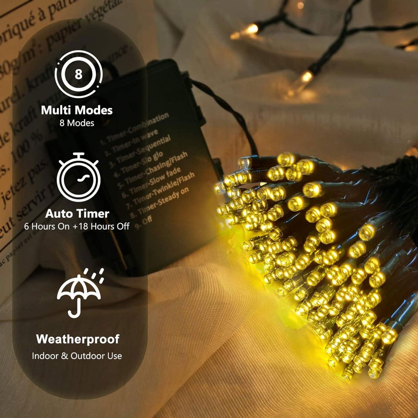 50 LED Multi-Coloured Outdoor String Lights Battery Operated Waterproof with Timer