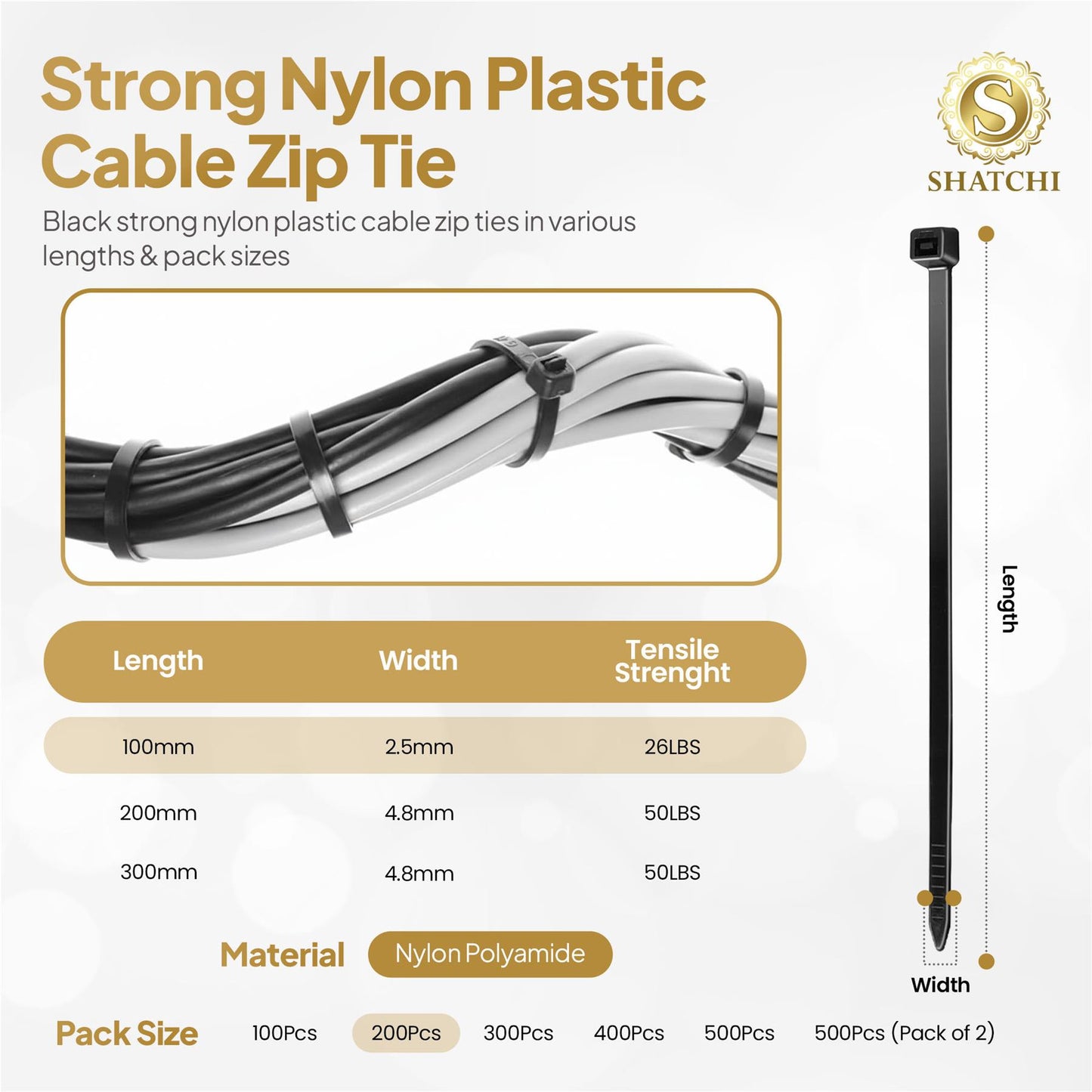 200 Pcs 100mm x 2.5mm Black Nylon Cable Ties