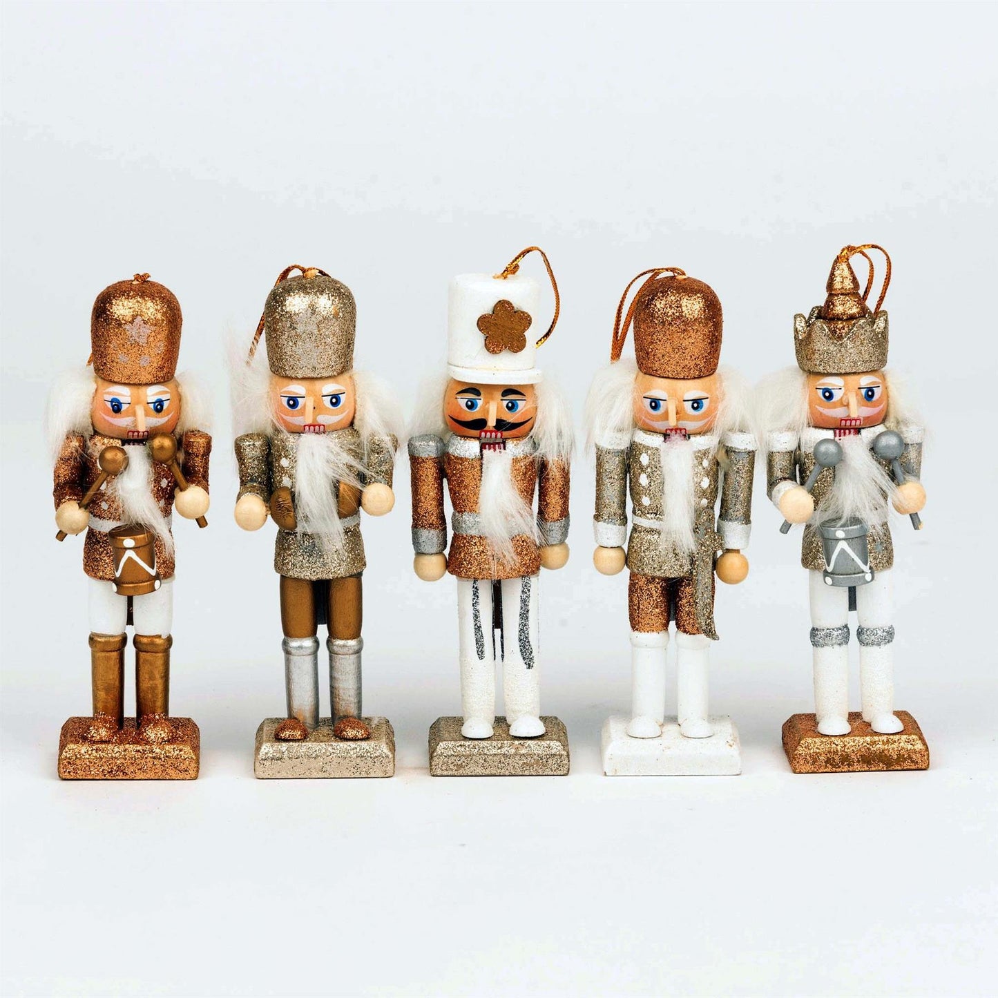 13cm Wooden Nutcrackers Figures - 5 Pieces Set in Gold, Silver, White