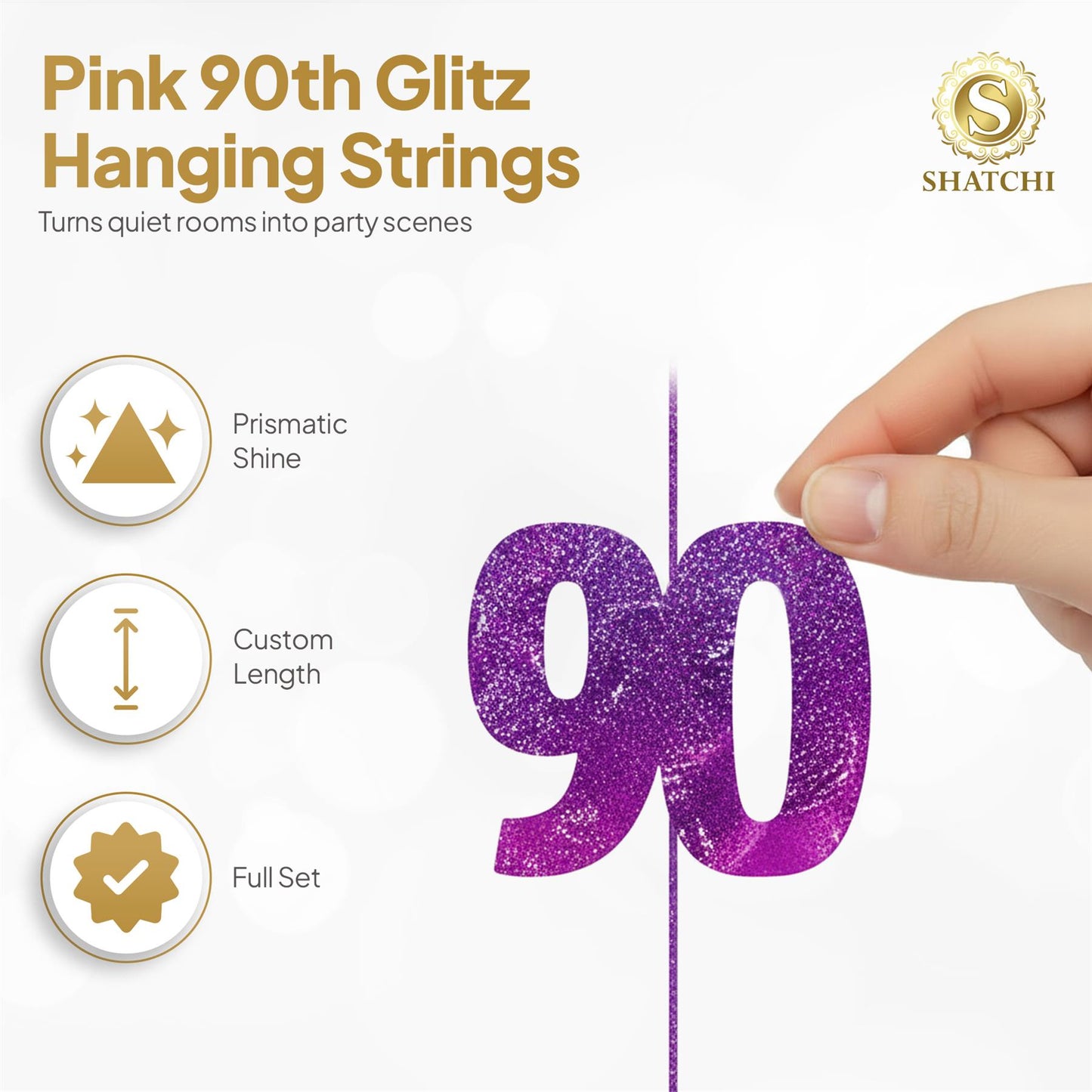 Shatchi 90th Glitz Pink Foil Hanging String Party Decorations Pack of 6