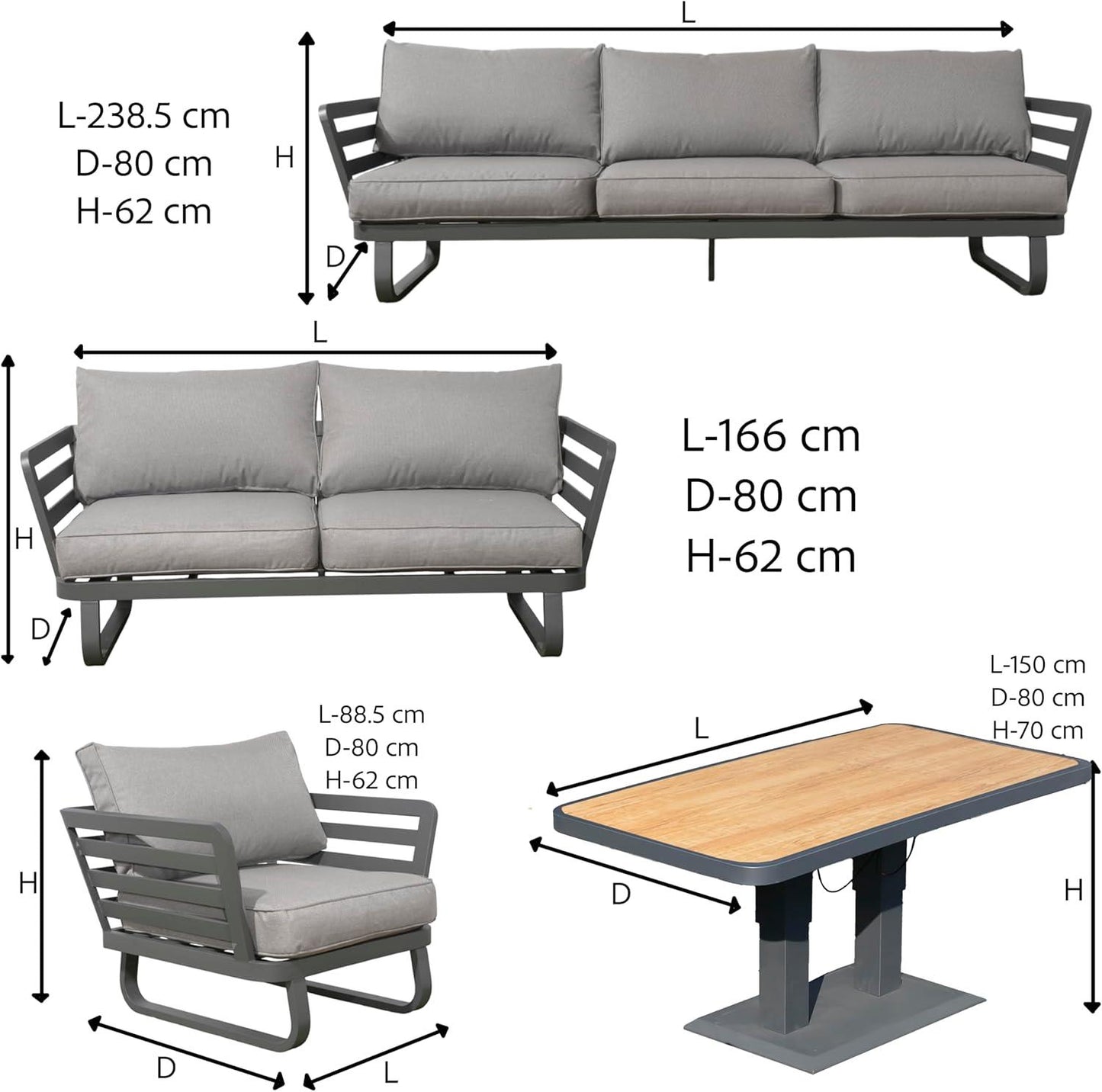 Cannes Grand 7 Seater Aluminium Sofa Lounge Set 5pcs with Adjustable Table