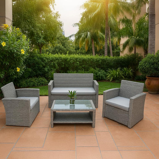 Rattan Garden Furniture Sofa Set Armchair Sofa Glass Table Outdoor Patio 4Pcs
