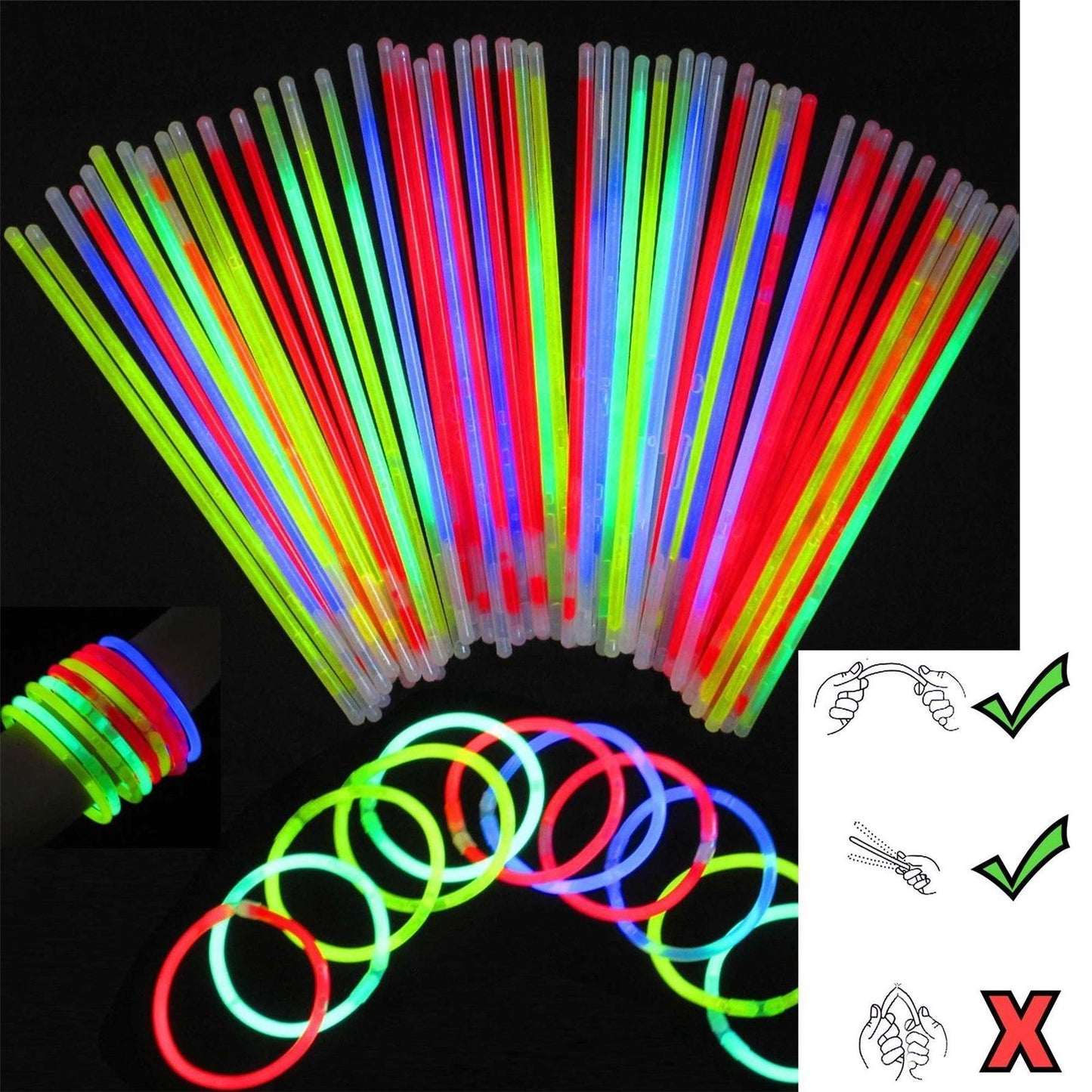 200 Glowsticks in Mixed Colors & 200 Bracelet Connectors