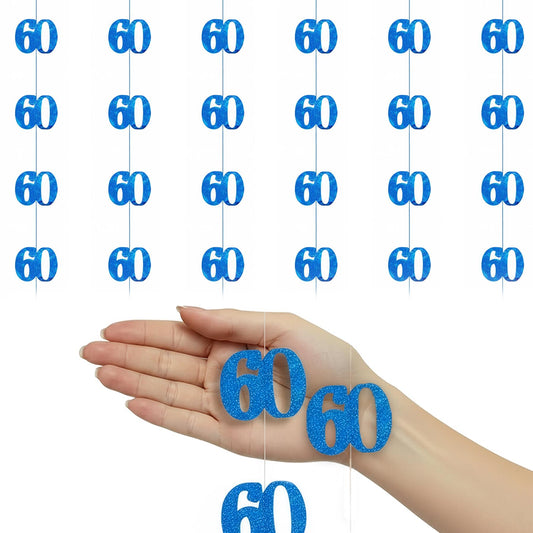 Shatchi 60th Glitz Blue Foil Hanging String Party Decorations Pack of 6