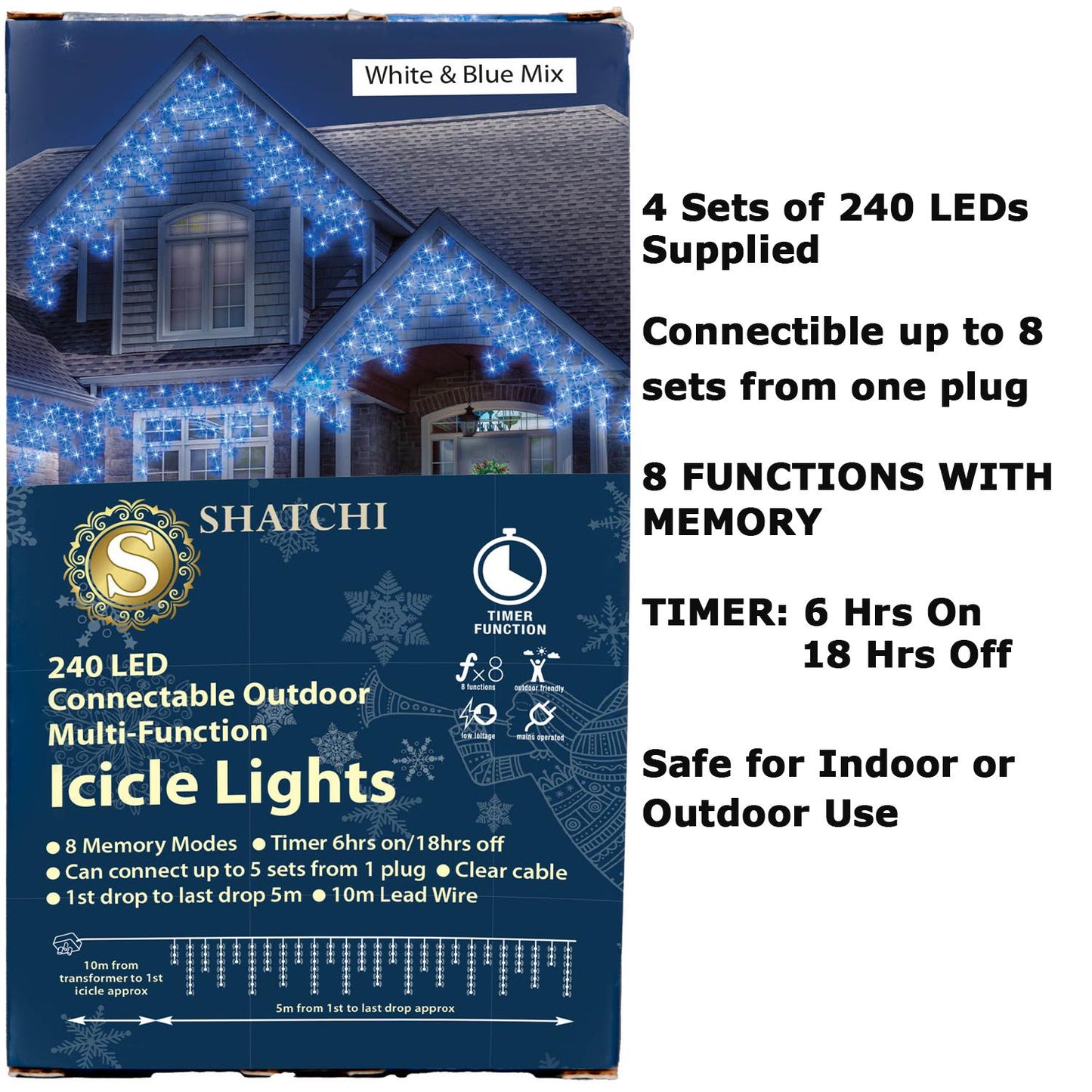 960 White & Blue LED Connectable MF Icicle String Lights - 20m