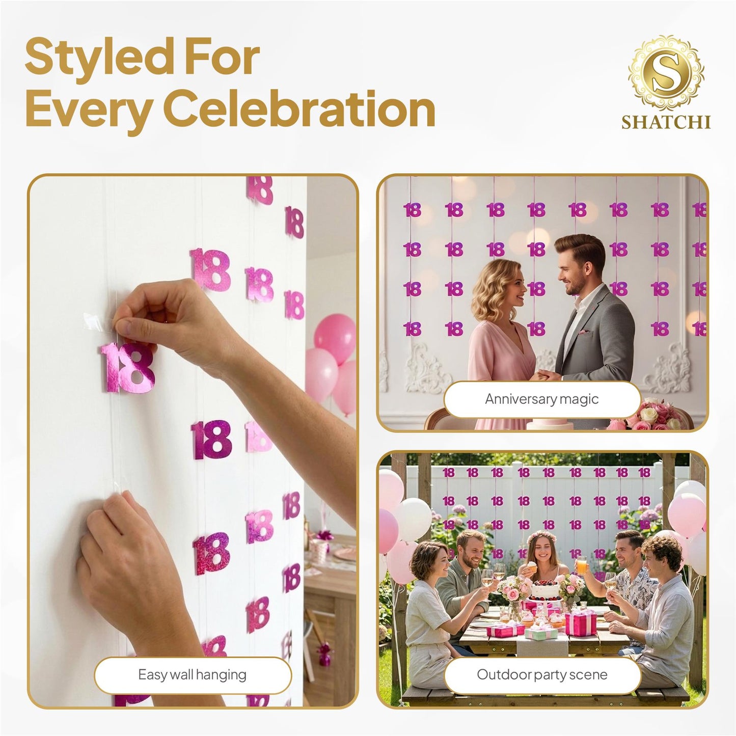 Shatchi 18th Glitz Pink Foil Hanging String Party Decorations Pack of 6