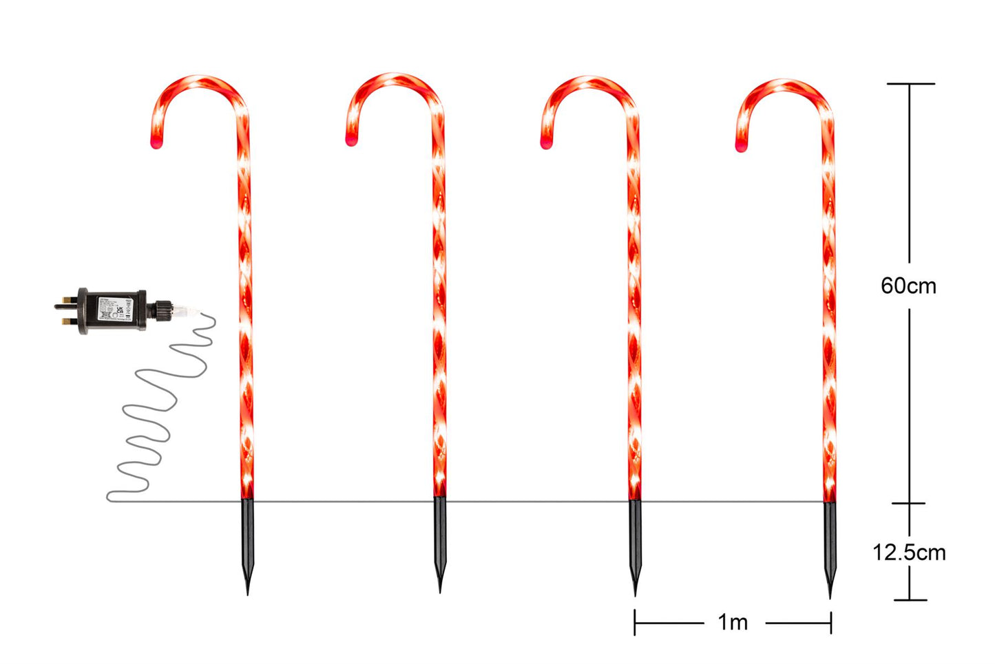 Set of 4 LED Candy Cane Stake Red & White Stripes - 72cm