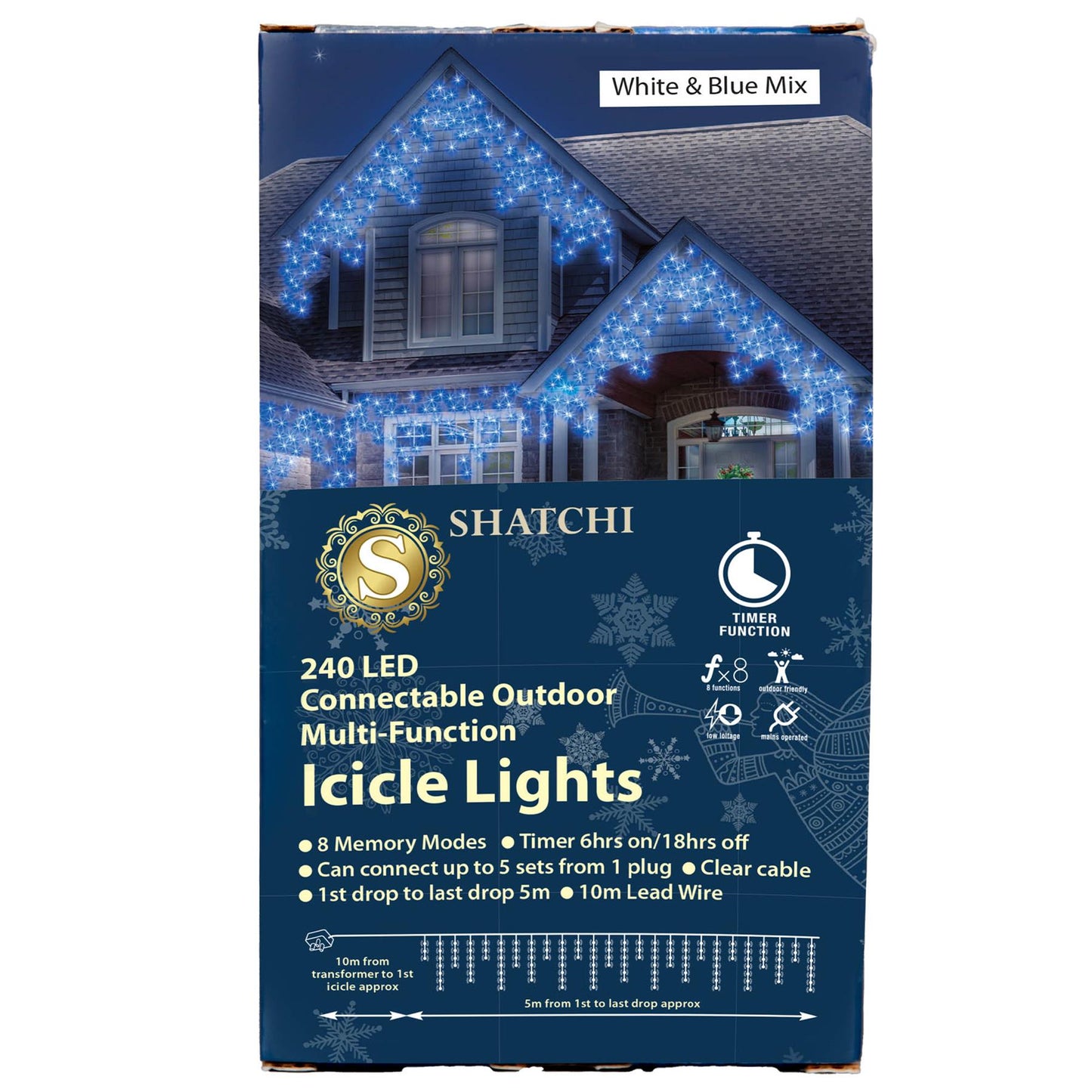 1200 White & Blue LED Connectable MF Icicle String Lights - 25m