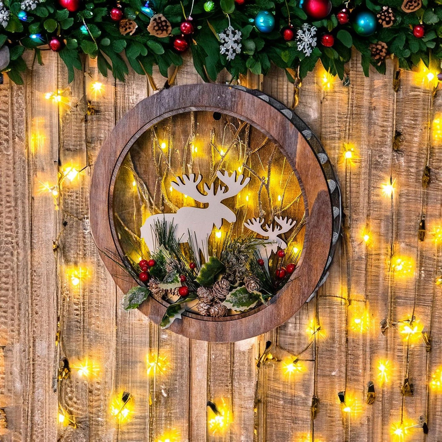 LED Wooden Reindeer Scene Wreath Shape D30xW4.5