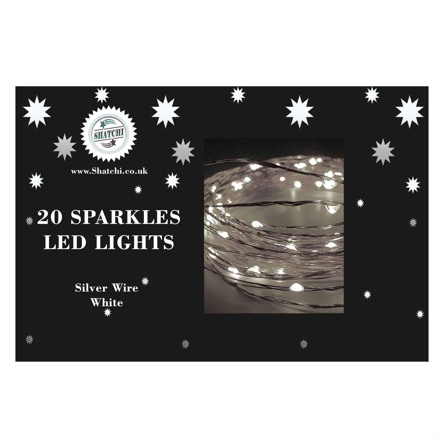 20 White LED Lights with Silver Wire (Battery Operated)