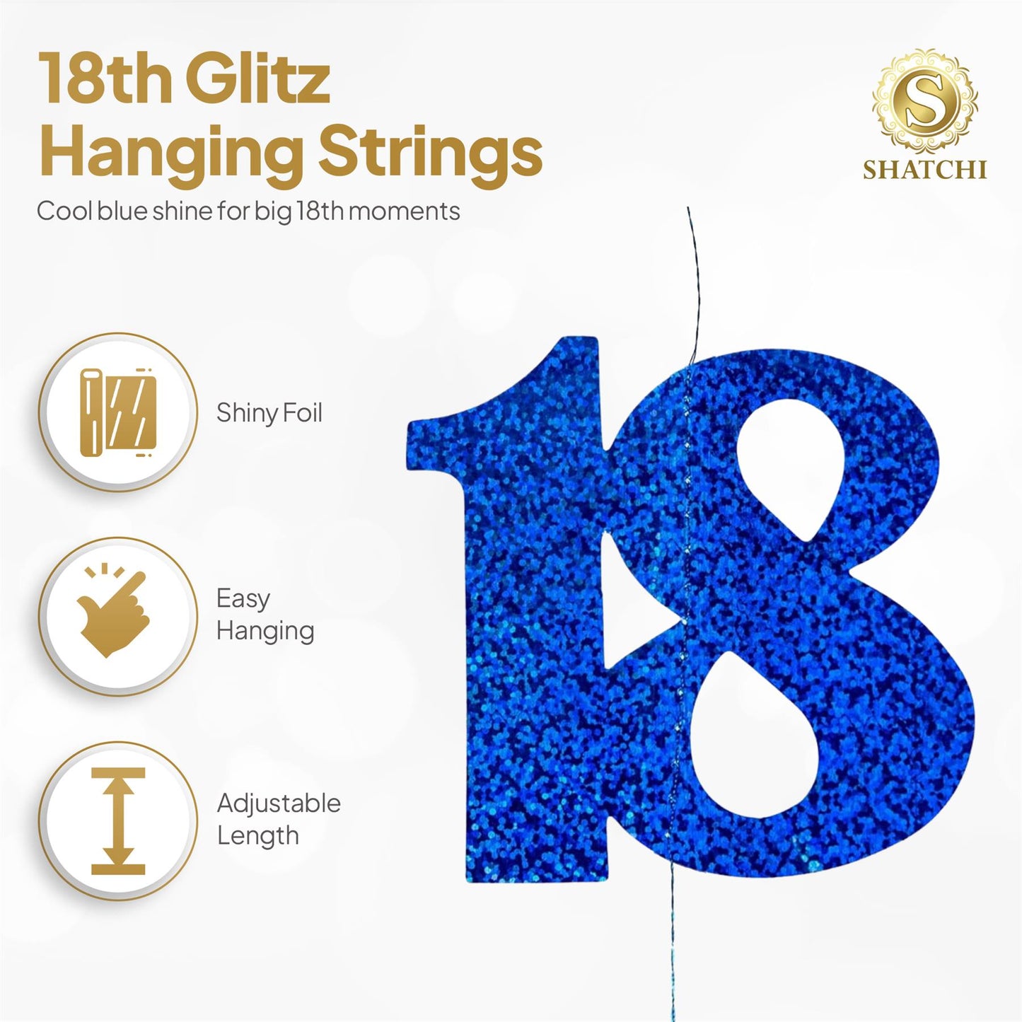 Shatchi 18th Glitz Blue Foil Hanging String Party Decorations Pack of 6