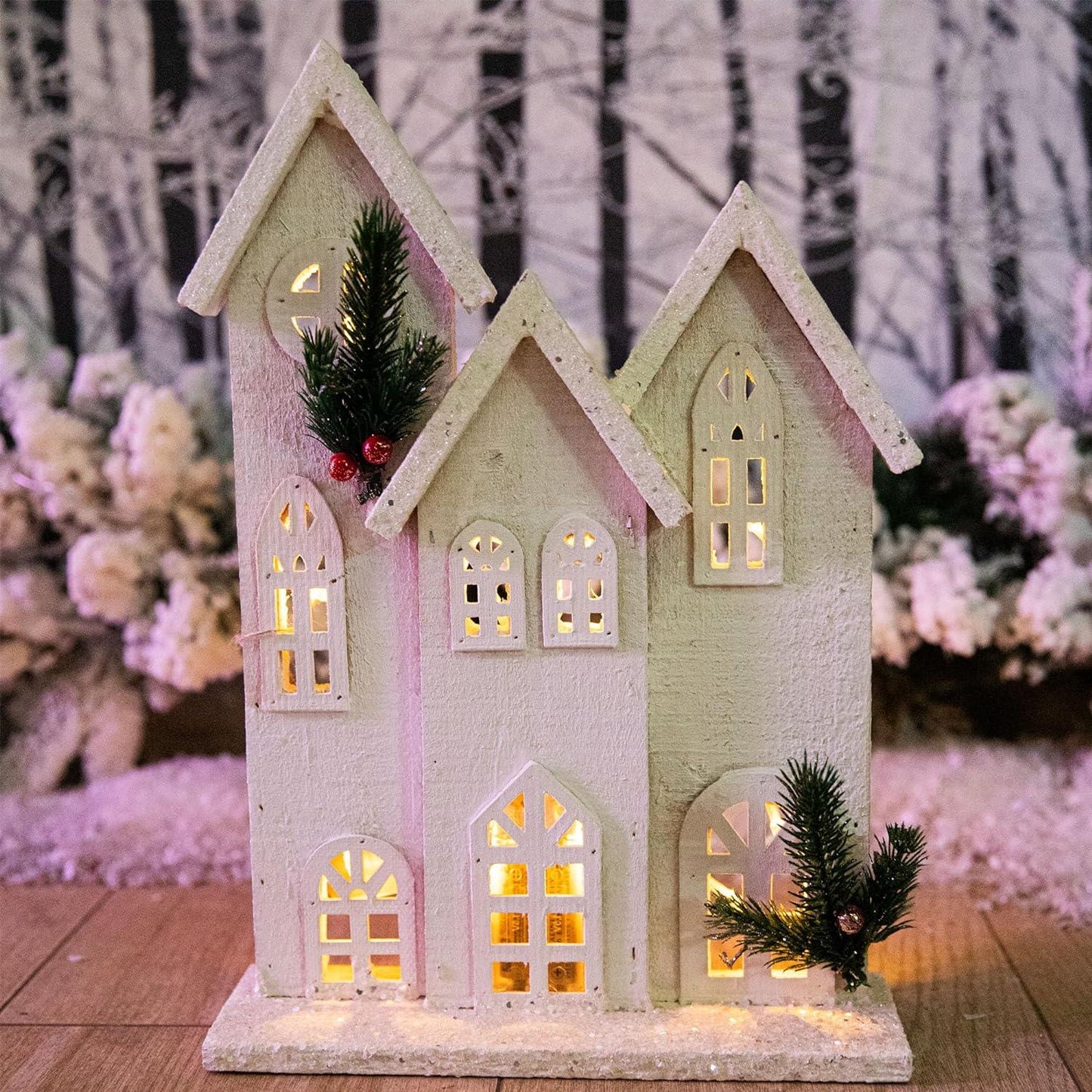 LED White Snow Covered Wooden House 24x7x35cm