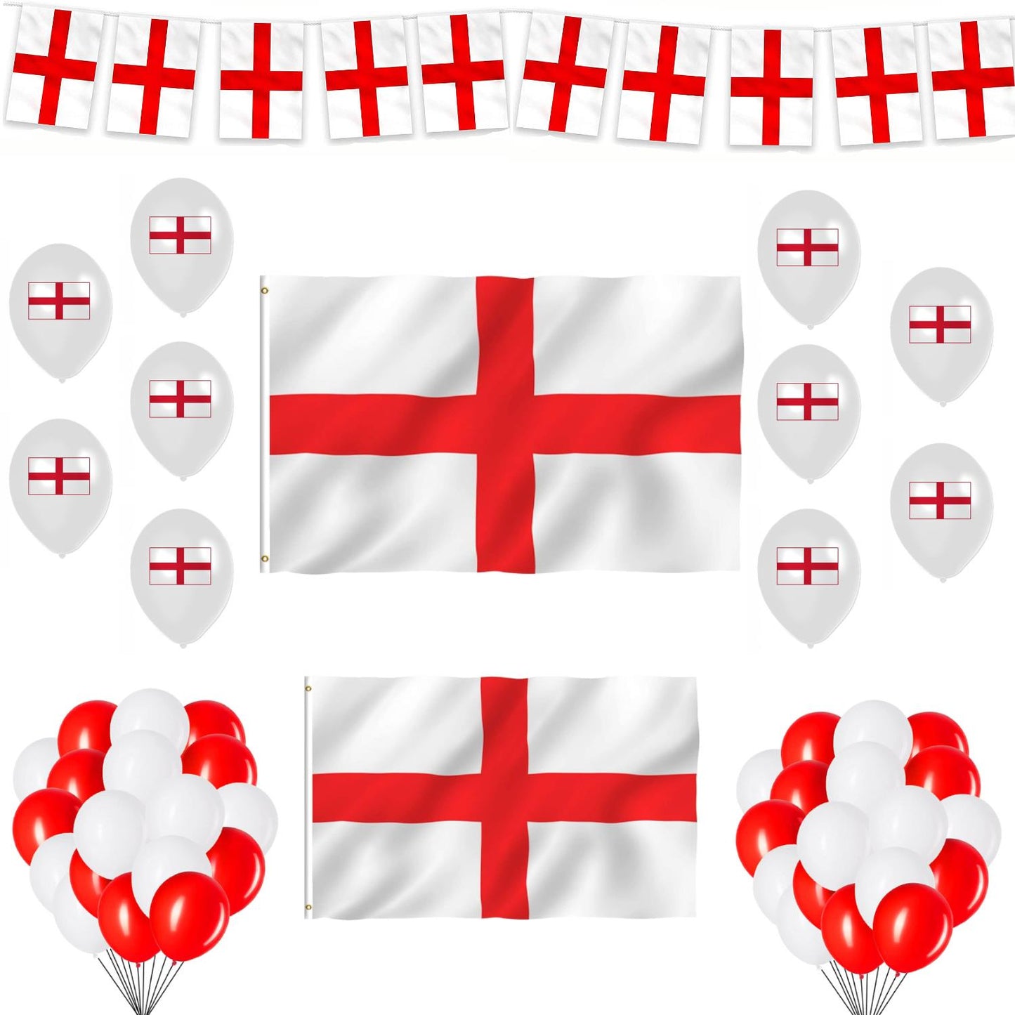 England Party Pack Total 38Pcs Including 8x5ft Flag 5x3ft Flag,10M/25Flags Square Bunting 10 St George Balloons and 25 Red and White Balloons