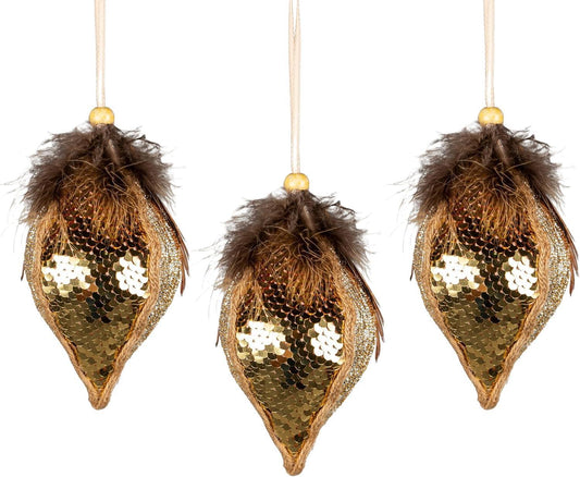 Shatchi 3Pcs Gold Sequin Teardrop Bauble 14cm - Christmas Tree Hanging Decoration Fairy Tale Themed