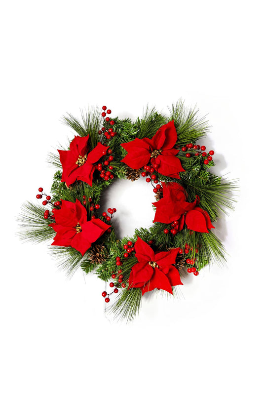 60cm Battery Operated Pre-Lit Red Poinsettia Wreath with 50 Warm White LEDs