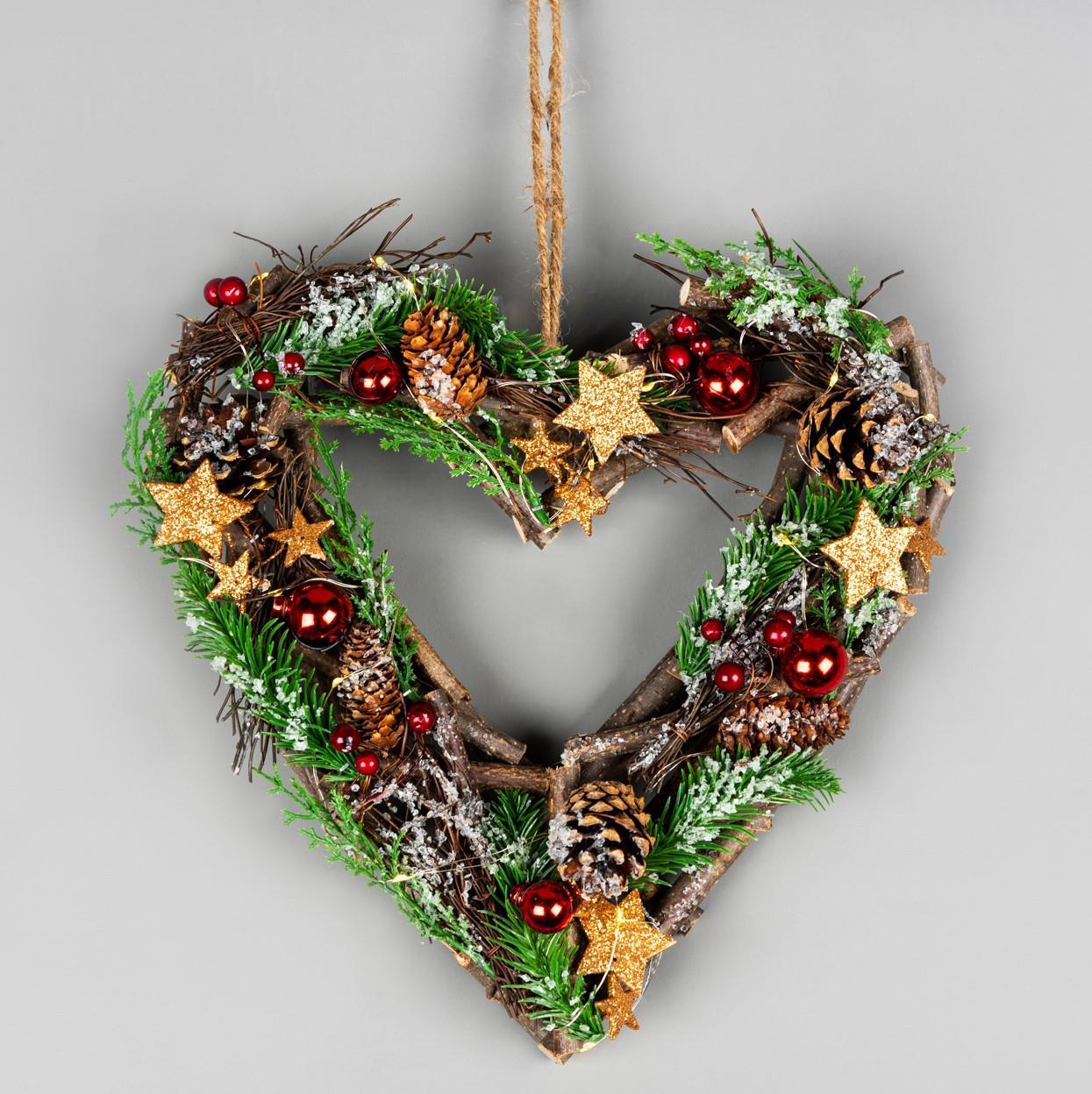 30cm LED Twig Hanging Heart, Red/Brown