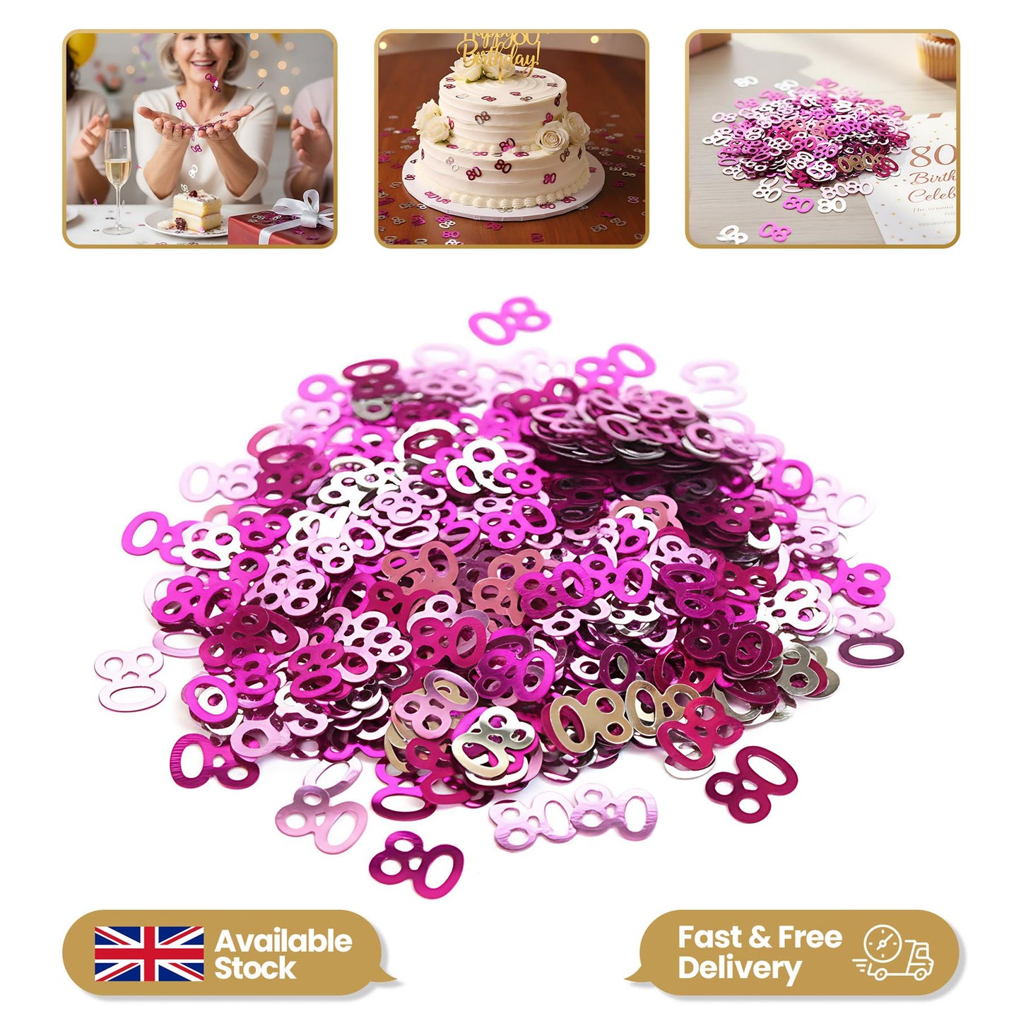 2 pk 80th Pink Birthday Party Confetti Decorations