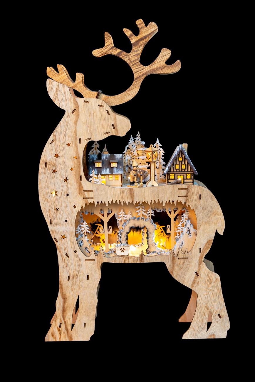 Laser Cut Reindeer LED Wooden Decoration - Battery Operated