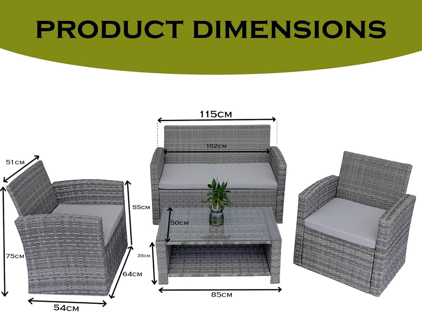 Rattan Garden Furniture Sofa Set Armchair Sofa Glass Table Outdoor Patio 4Pcs