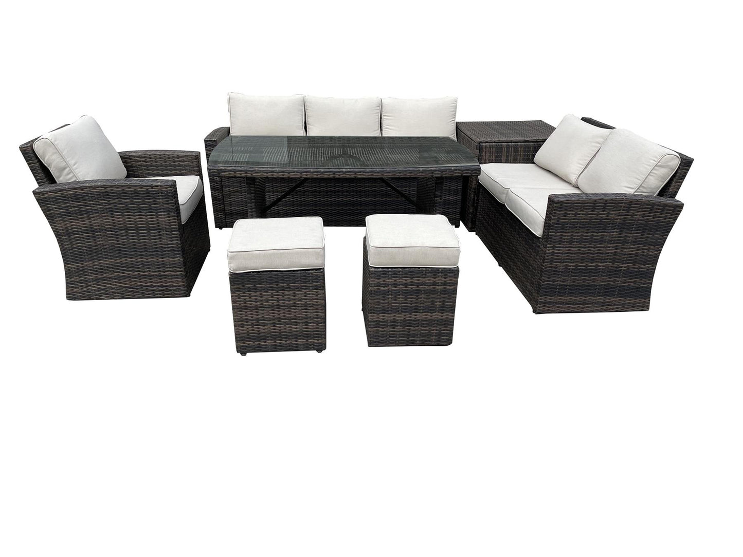 Brown Rattan 3 Seater Sofa, 2 Seater Sofa, 2 Stools, 1 Table, 1 Chair, 1 Storage Box