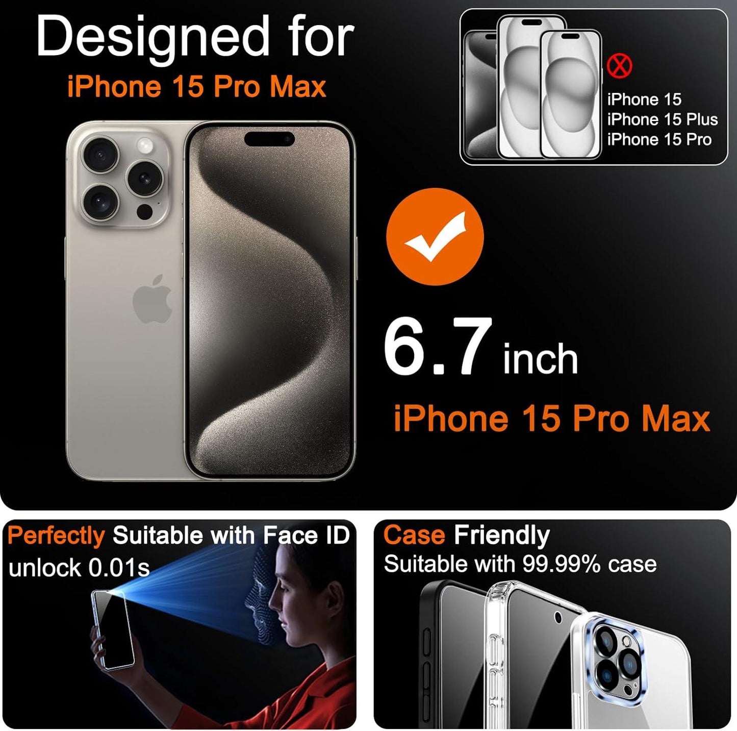 1 x Privacy Full Coverage Screen Protector for iPhone 15 Pro Max 6.7-Inch