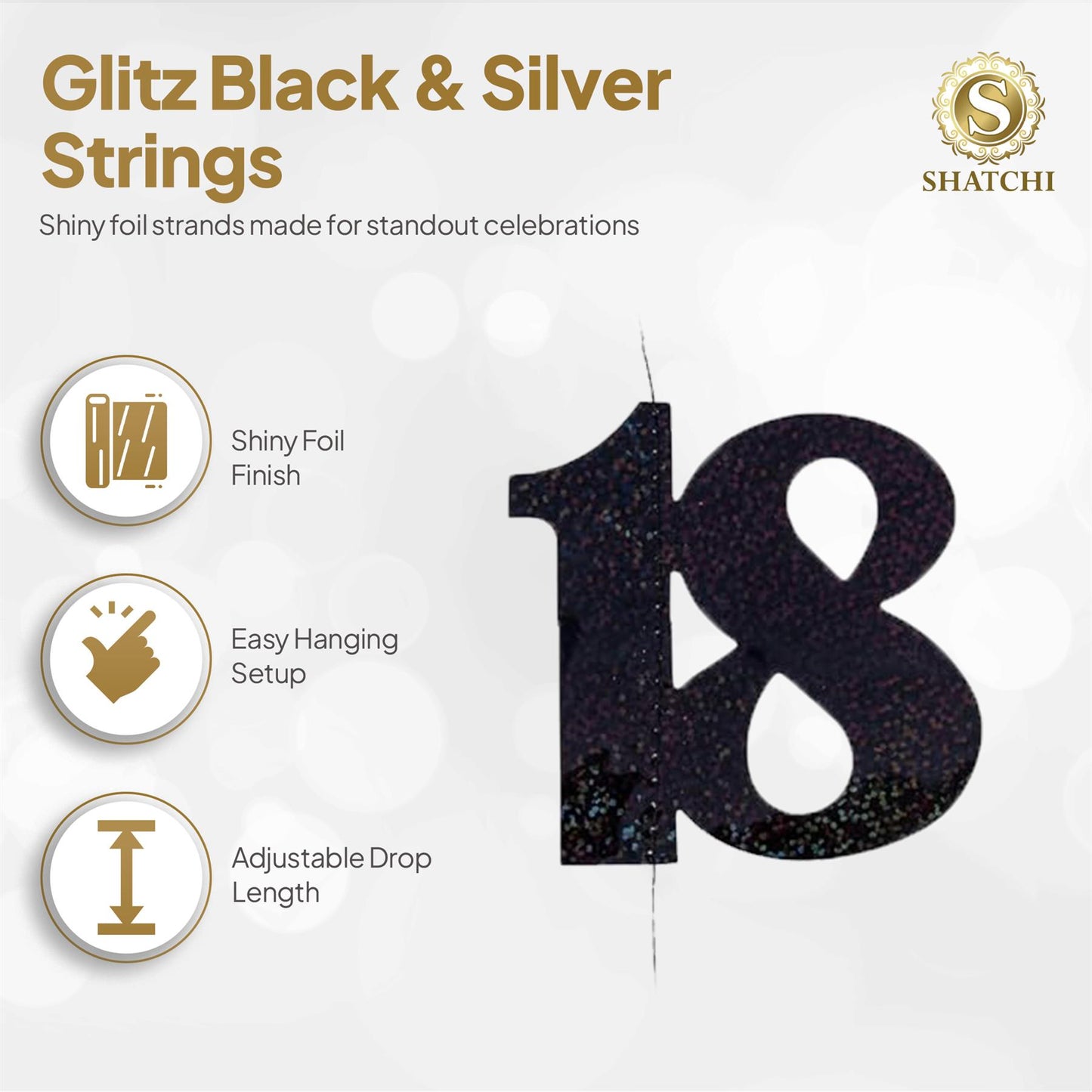 Shatchi 18th Glitz Black & Silver Hanging String Decorations Pack of 6
