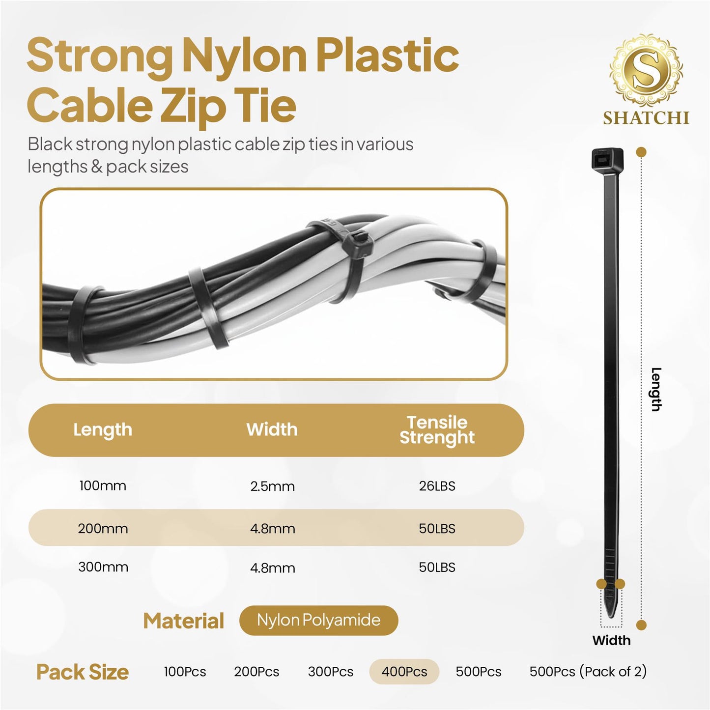 400 Strong Black Nylon Plastic Cable Ties 200mm x 4.8mm