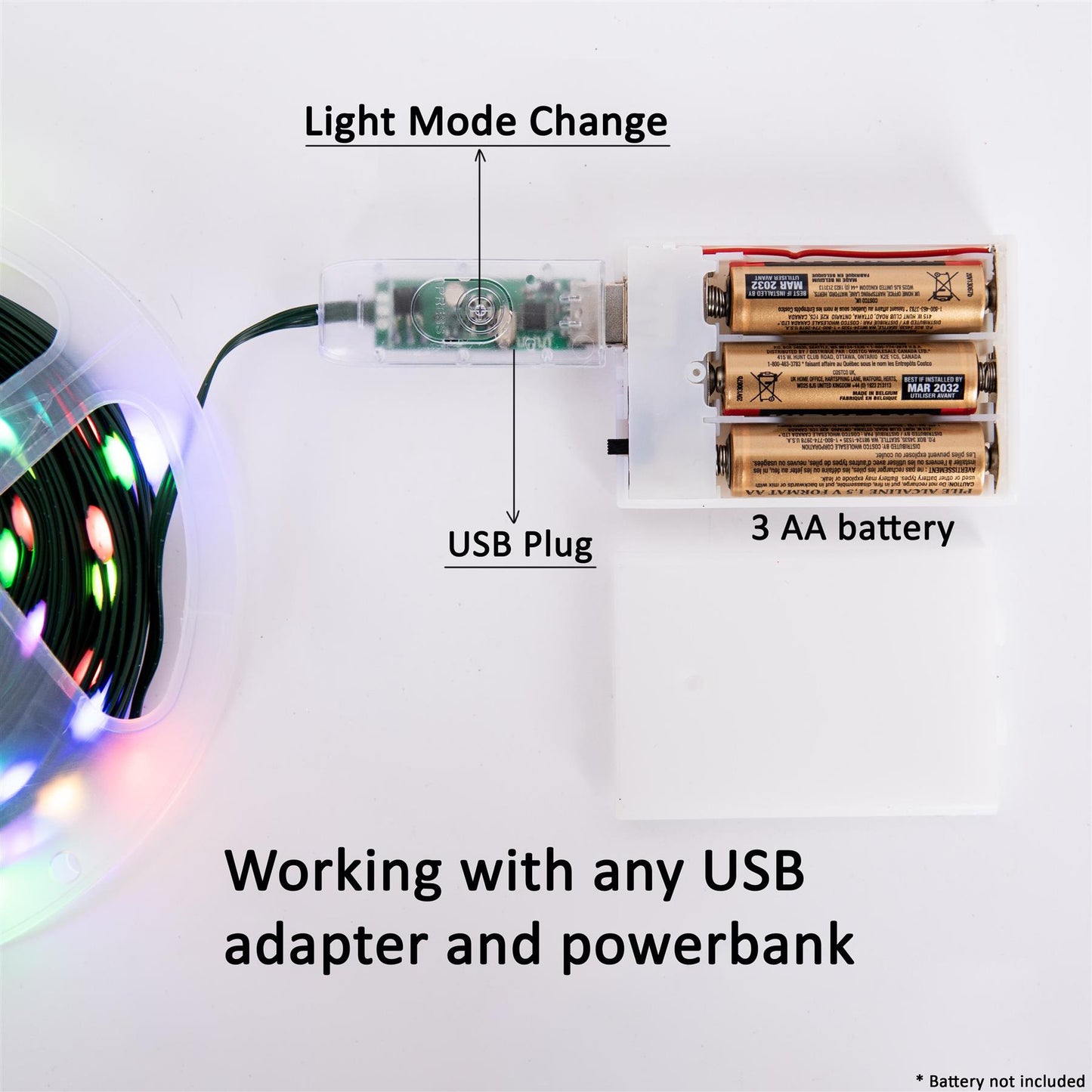 10m RGB+W LED Strip Light (Battery/USB, Remote/App Controlled)