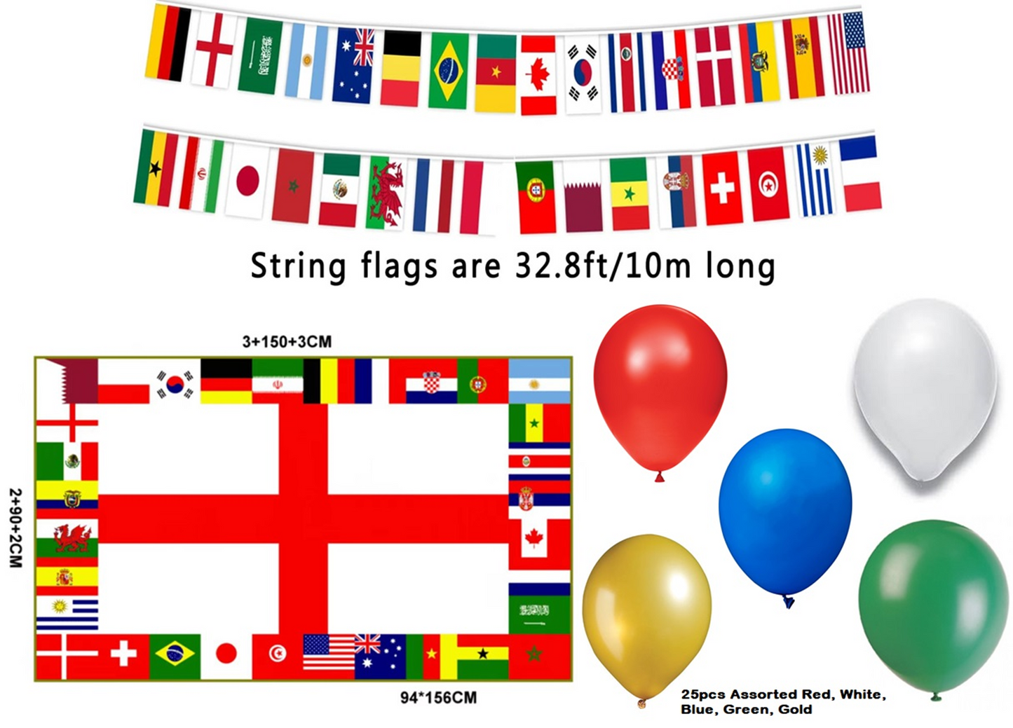 World Cup Party Pack Total 27Pcs (1x World Cup Flag ,10M Bunting and 25xAssorted Balloons)