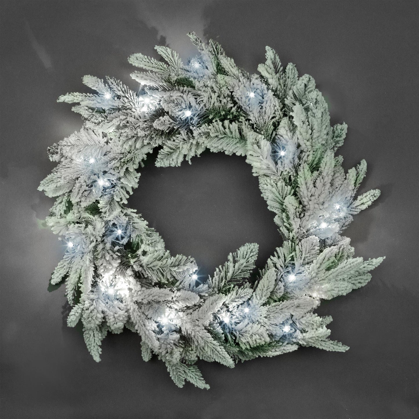 Pre-Lit White LED Lapland Fir Snow Flocked Wreath 55cm