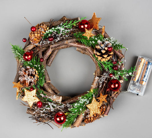 22cm LED Twig Wreath - Red/Brown