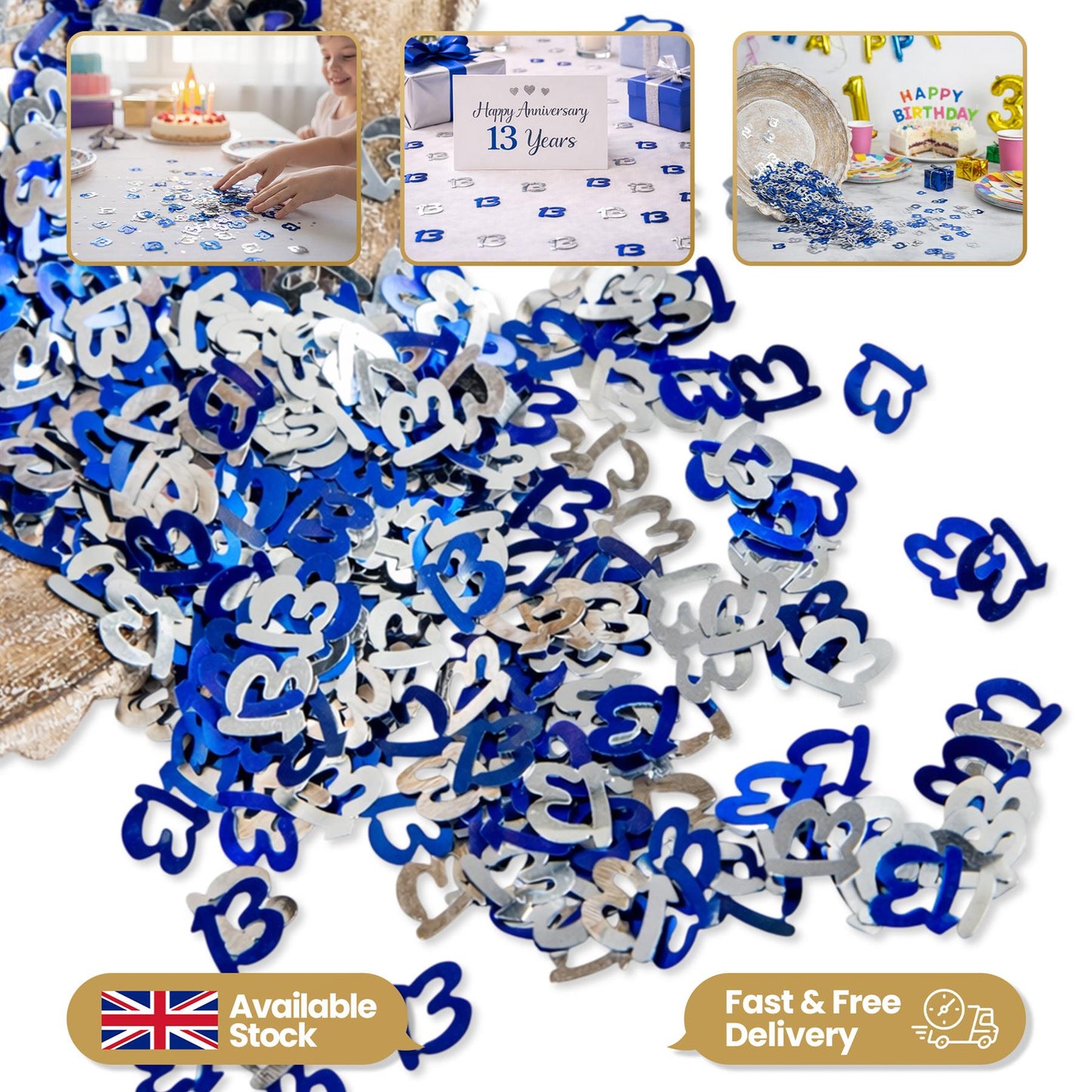 4-Pack 13th Birthday Blue and Silver Confetti