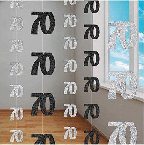 6 x 70th Birthday Party Hanging String - Foil Metallic, Black