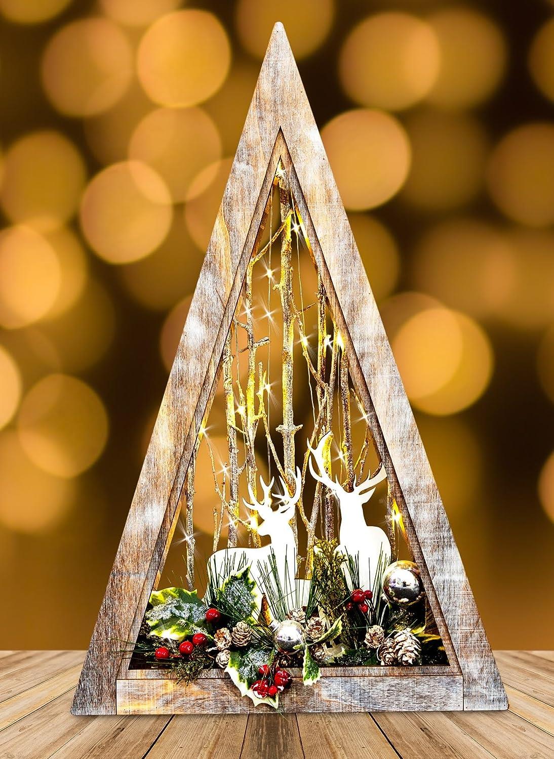 Battery Operated LED Wooden Reindeer Scene - Triangle Shape - Dimensions: W36xD6.5xH57cm