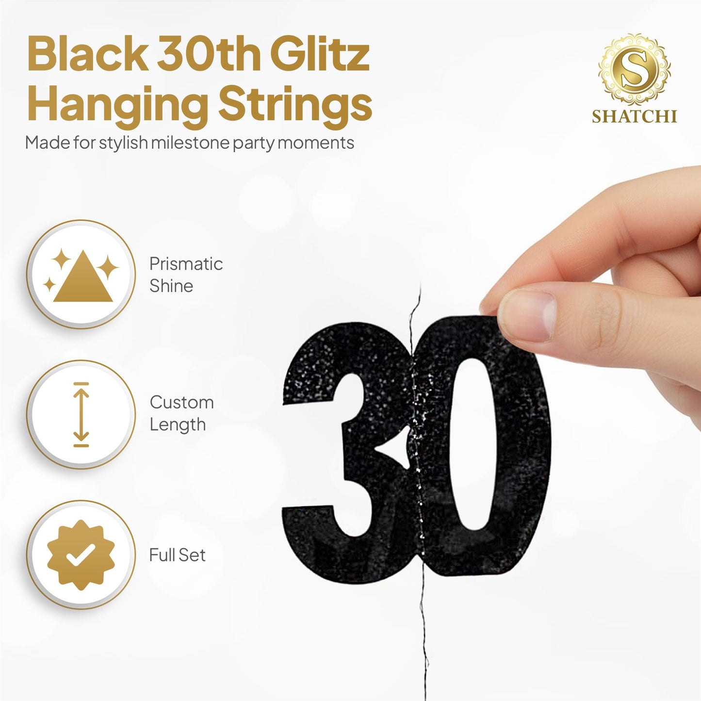 Shatchi 30th Glitz Black & Silver Hanging String Decorations Pack of 6