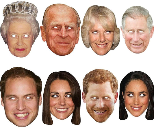 8-Pack Royal Family Face Masks featuring Queen Elizabeth II, Prince Philip, Kate Middleton, Prince William, Prince Harry, Prince Charles, Camilla Parker Bowles, and Meghan Markle